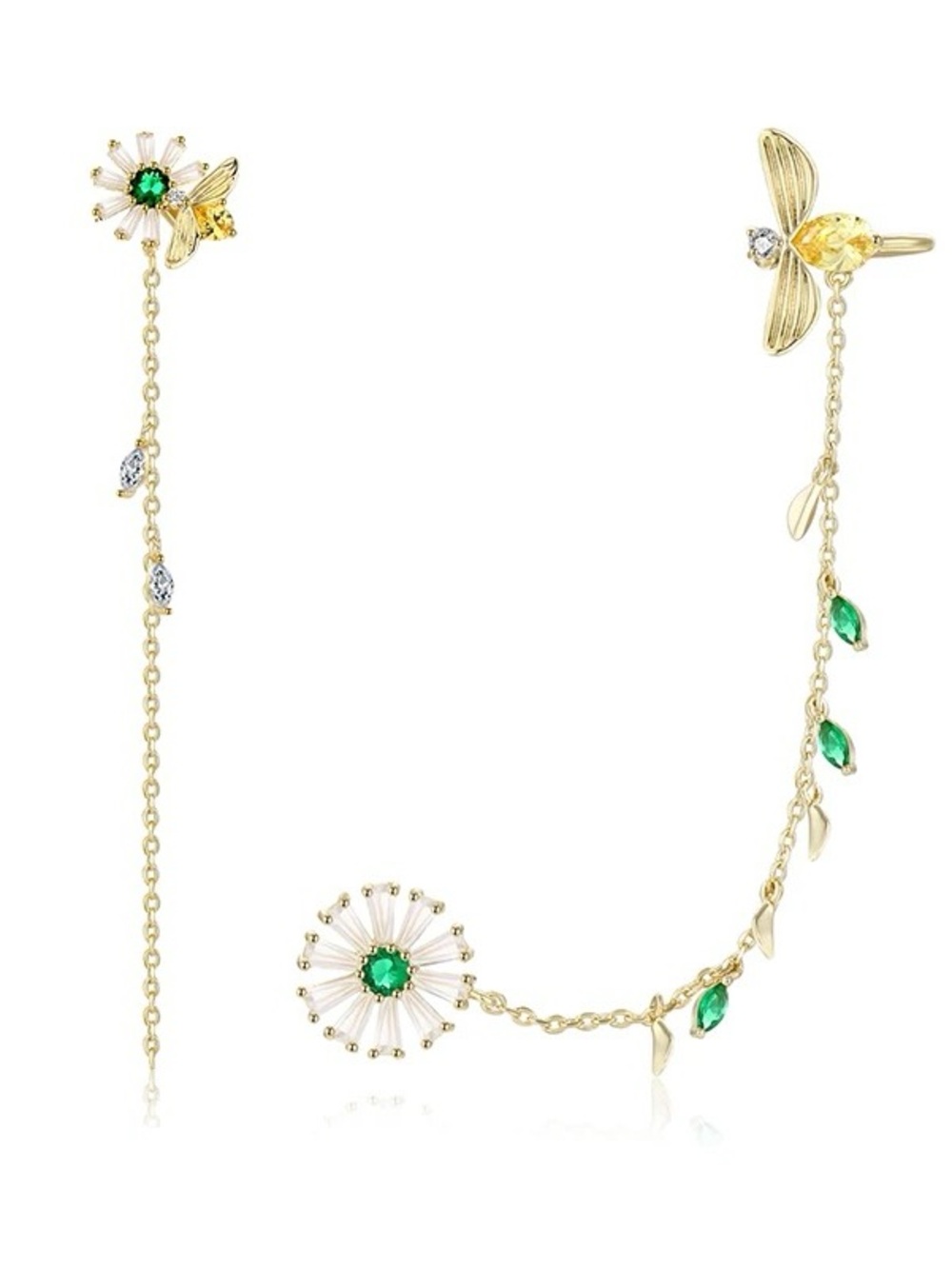 Gold Floral Emerald Drop Earrings Chain